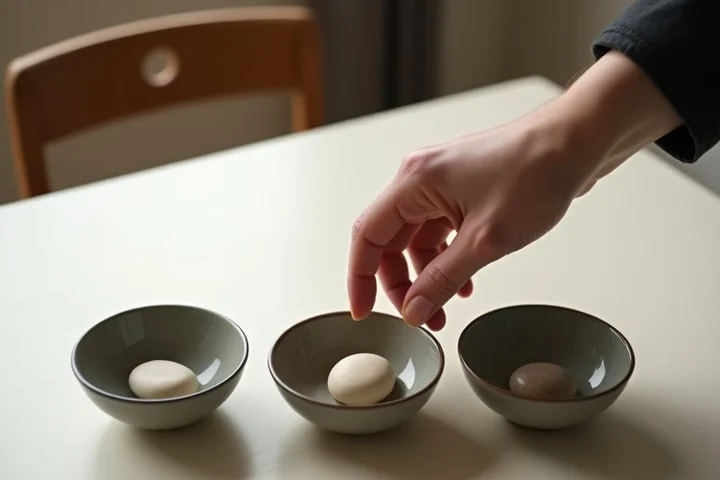 A hand places one smooth stone into one of three empty ceramic bowls on a long table in a calm community-center room