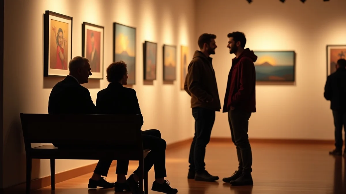 Two adult daters quietly finish a brief conversation at the edge of a small evening gallery opening