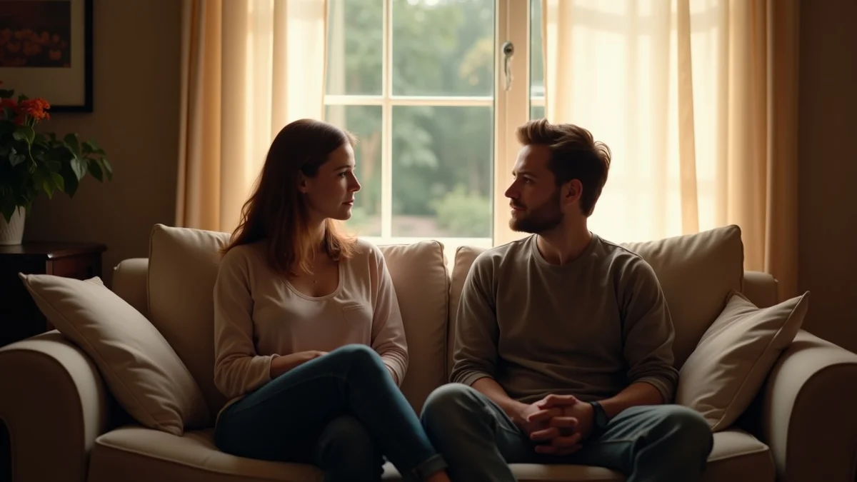 Two adults sit quietly on opposite ends of a living-room sofa