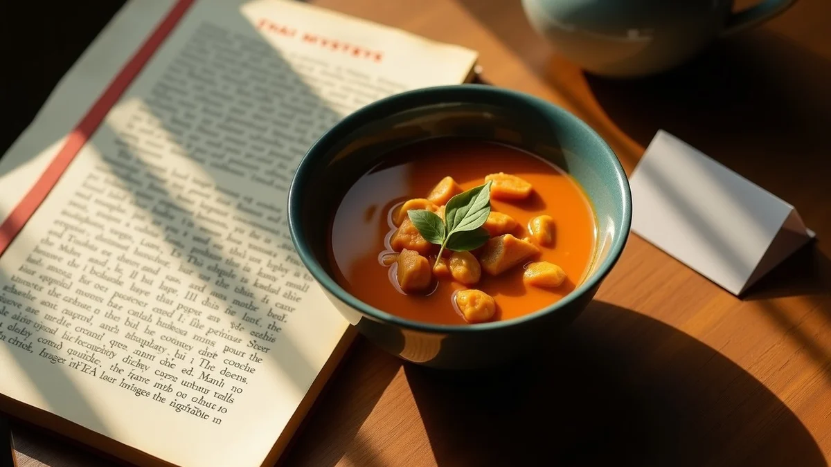 A steaming bowl of Thai curry sits beside a closed mystery novel and a small blank speech card on a home dining table