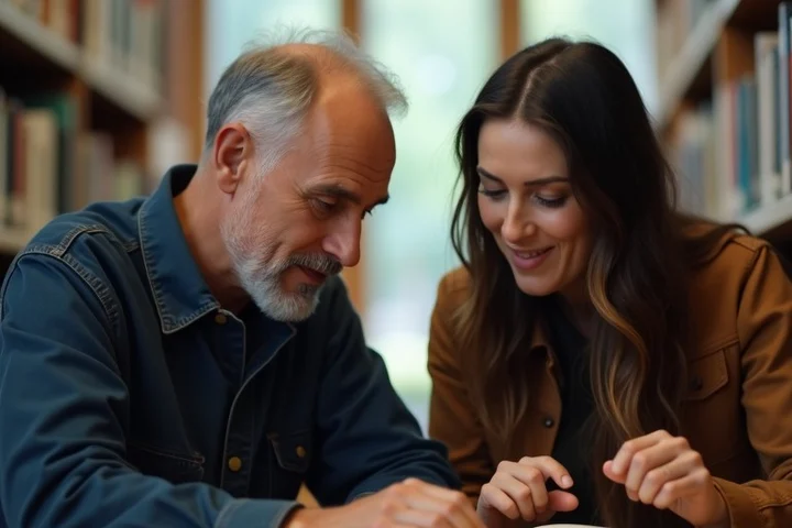 Two adults discuss a closed mystery novel in a quiet public library reading room