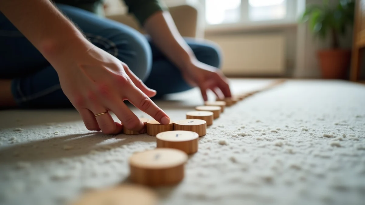 An adult arranges alternating pairs of smooth wooden tokens along a living-room rug