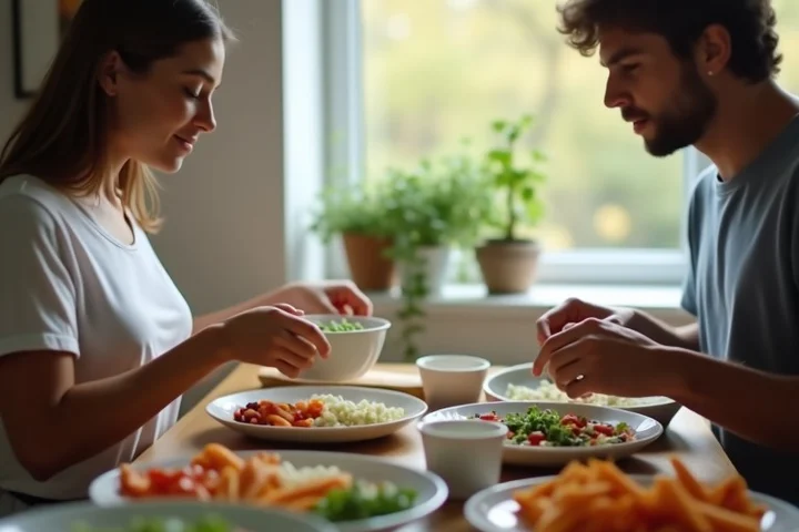Two adults place separate bowls of prepared ingredients onto opposite sides of a shared kitchen table, visibly contributing to the same simple meal
