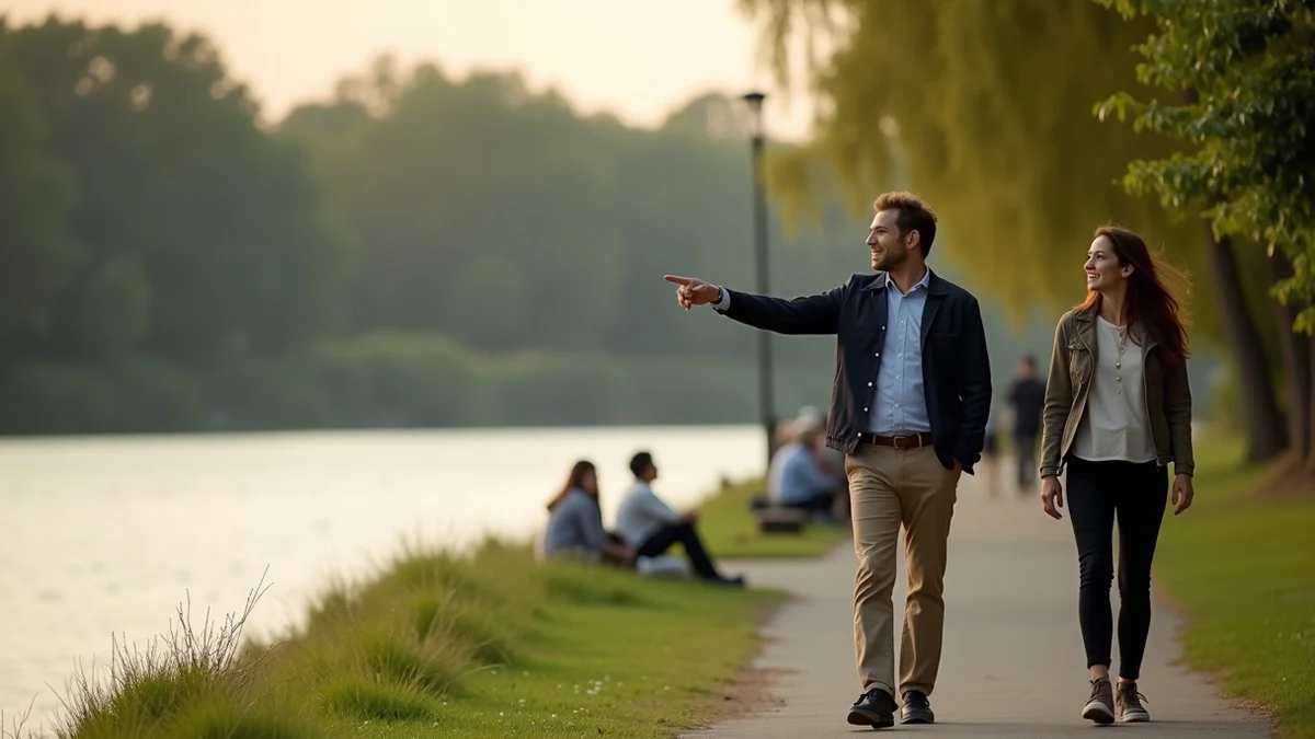 Two adults settle on a first-date walk beside a public riverside path, one pointing toward the route while the other smiles and nods