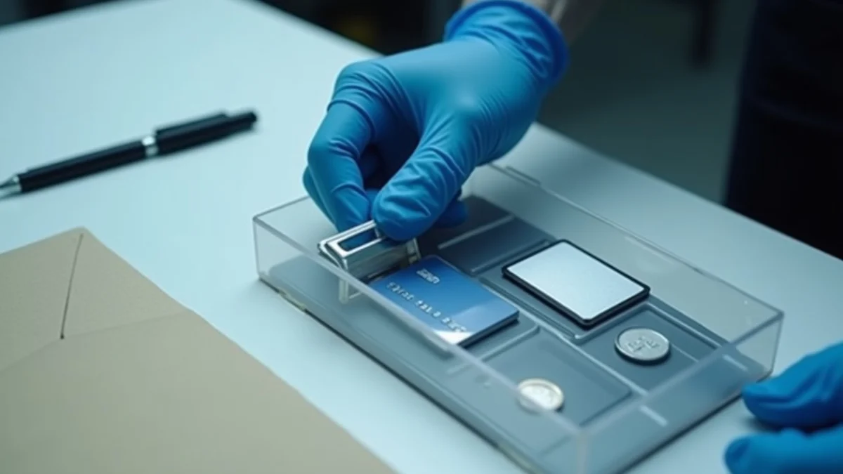 A gloved hand seals a clear archival box containing a disconnected payment card, a blank memory card, and a small metal token