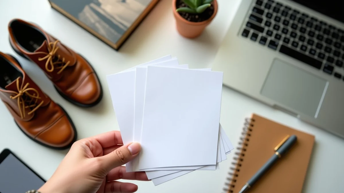 A hand organizes blank profile cards beside walking shoes, a cookbook, a small houseplant, and a sketchbook on a tidy writing desk