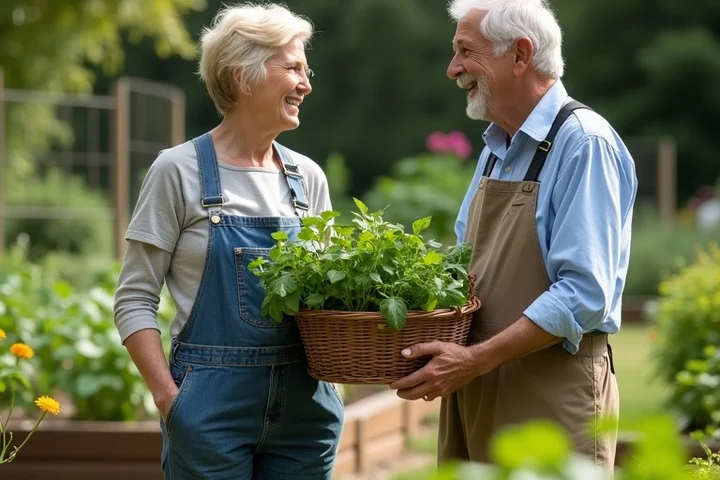 Two adults compare a basket of freshly gathered herbs at a quiet community garden, sharing an easy conversation about ordinary routines and values