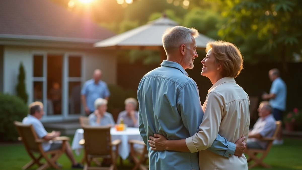 Two adult partners stand together at the calm edge of a small backyard gathering