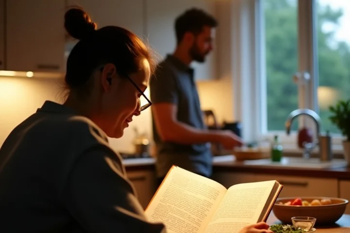 One adult partner reads an open book with indistinct pages at a kitchen table while the other calmly prepares dinner nearby