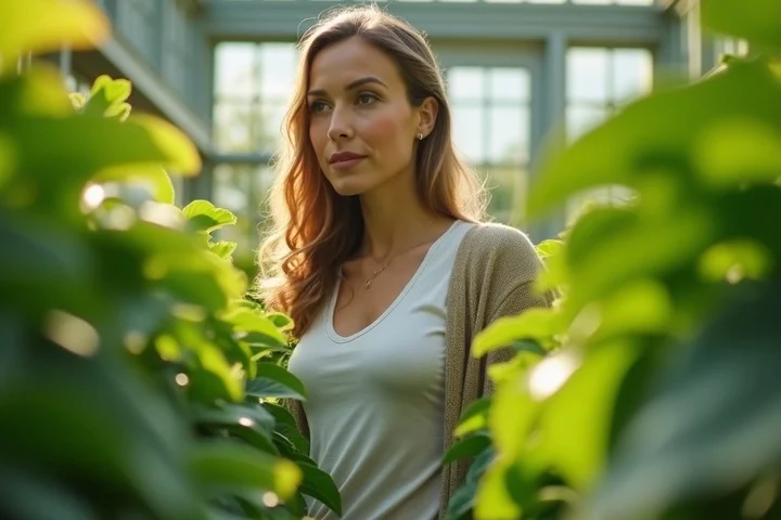 A thoughtful adult woman studies two contrasting rows of plants in a sunlit botanical conservatory