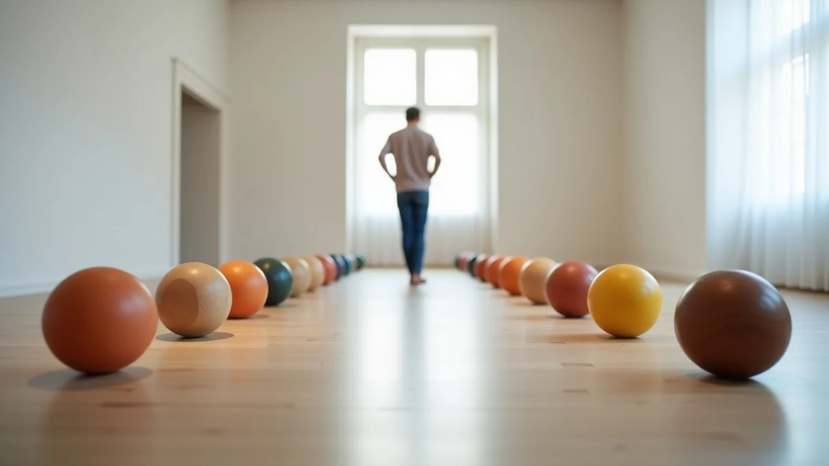 A thoughtful middle-aged adult chooses between two sculptural pathways in a quiet art gallery