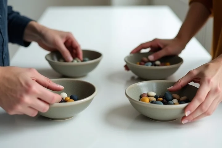 Two adults calmly sort smooth colored stones into separate ceramic bowls on a long table in a bright neutral studio
