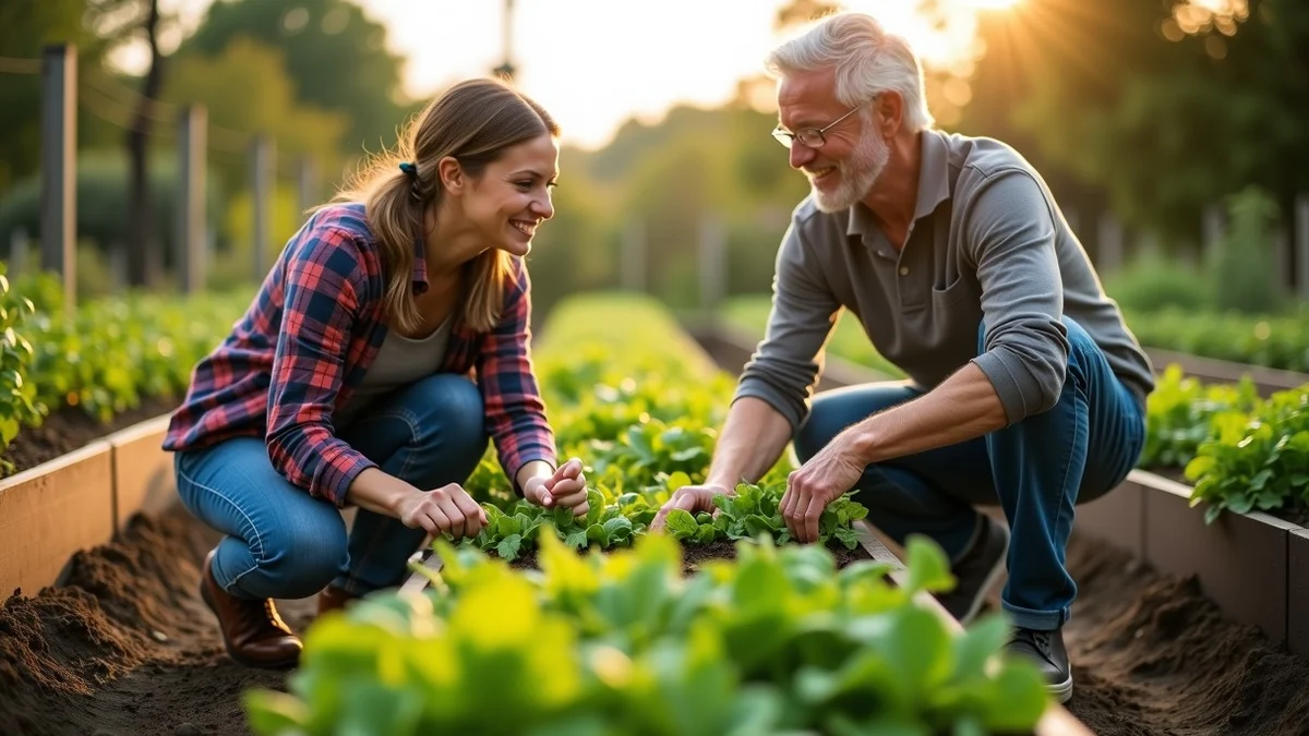 Two adults tend separate vegetable beds in a community garden, sharing an easy conversation while continuing their own useful work