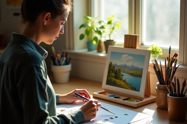 An adult paints a small landscape at a home studio worktable, fully absorbed in the hobby with brushes and a ceramic palette nearby