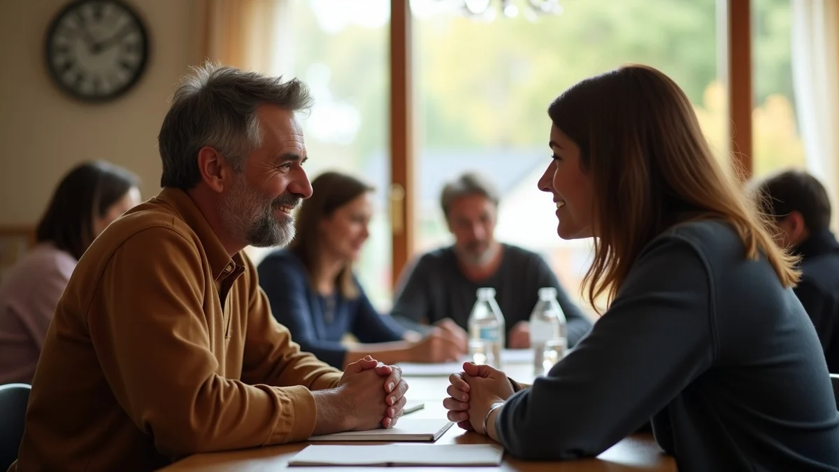 Two adults talk beside a small recurring community workshop table while familiar participants collaborate in the background