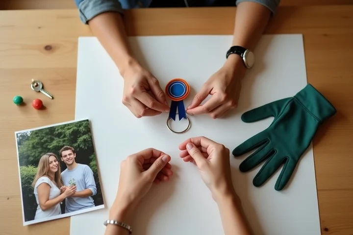 An adult at a home dining table arranges a family photograph turned away, a class ribbon, gardening gloves