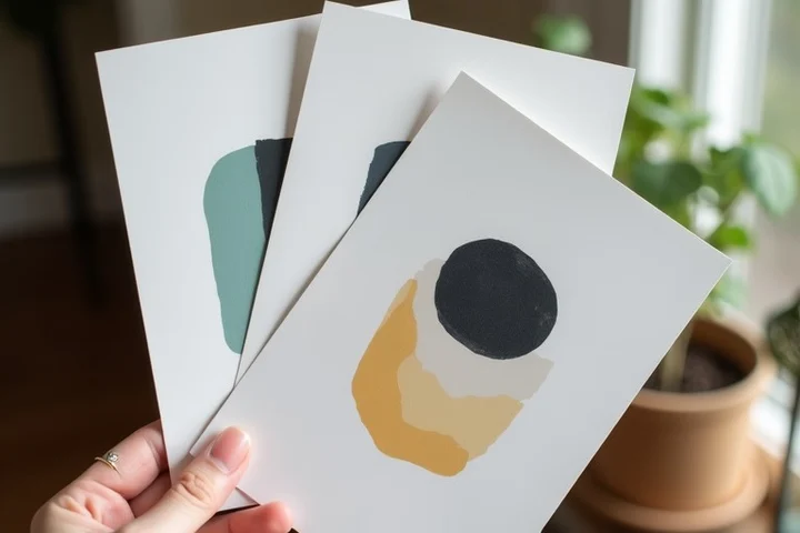 An adult selects three small abstract art prints from a tidy stack at a home entryway bench