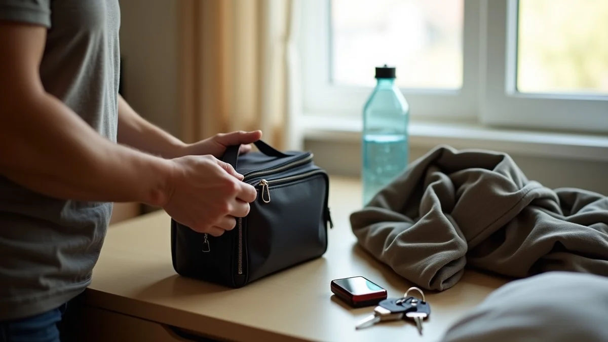 An adult calmly packs a small outing bag beside neatly arranged keys, a folded jacket, and a water bottle on a bedroom dresser