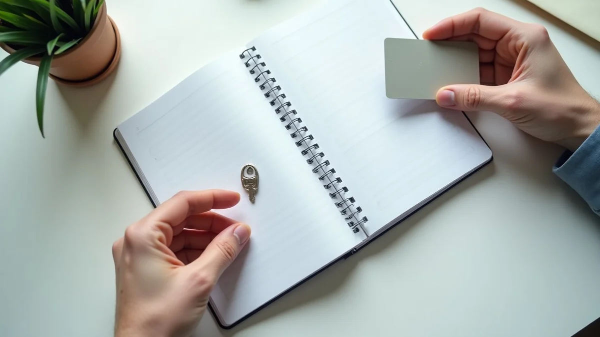 A hand separates a closed notebook with abstract marks, a key, a face-down bank card, and a sealed envelope across a clean home desk