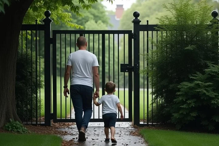 An adult closes a sturdy garden gate while another adult remains several steps away on the public path