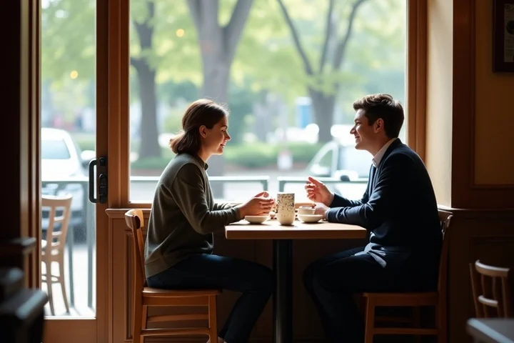 Two adults talk quietly over tea at a small corner table in an uncrowded tea shop