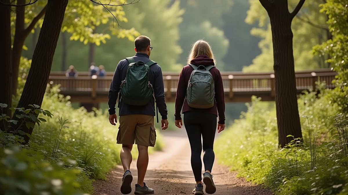 Two adults hike along a wooded trail and pause at a fork to compare their routes through calm gestures, leaving comfortable space between them