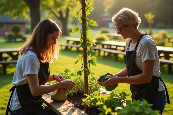 Two adults work side by side at a shared community garden bench, one watering seedlings while the other ties climbing vines to a trellis