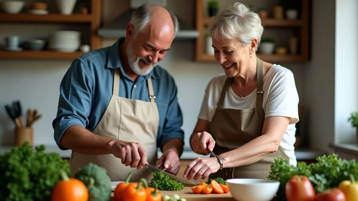 Two adults prepare vegetables together in a tidy home kitchen, quietly sharing utensils and workspace with relaxed cooperation