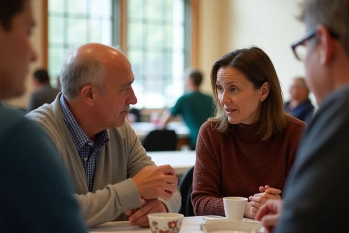 Two adults at a small neighborhood potluck pause in a community hall