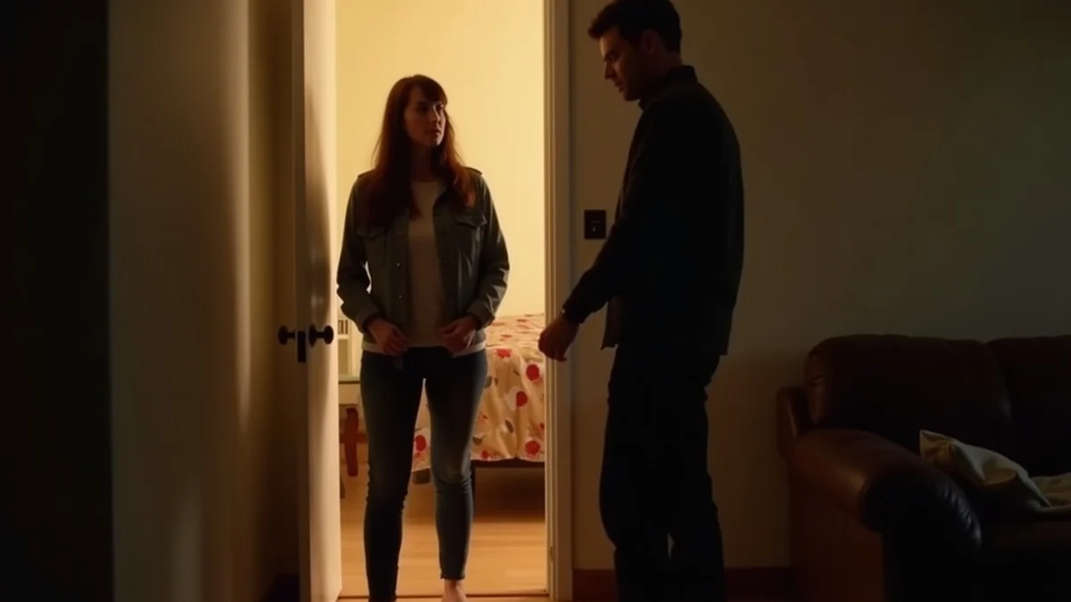 An adult woman steps backward from a tense conversation as a second adult stands too close in the path of a doorway, with no physical contact