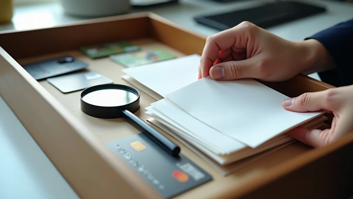 A hand organizes sealed evidence envelopes, a magnifying glass, blank photo prints
