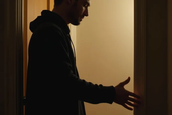 An adult firmly closes a solid front door while holding one palm outward as a clear boundary, in a quiet apartment entryway with no device visible