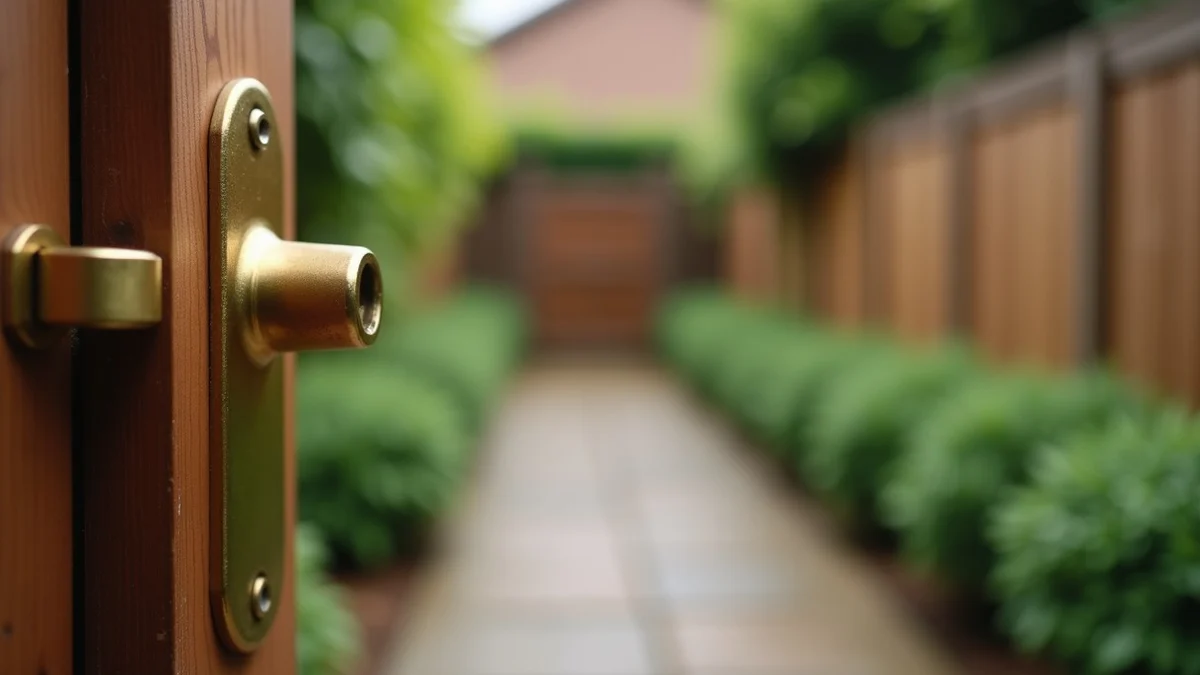 A brass latch secures a simple wooden garden gate, making a clear boundary and visible follow-through