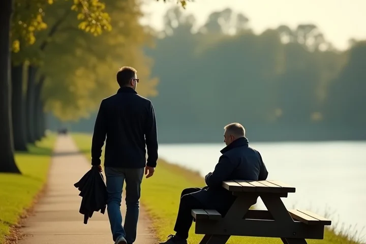 An adult man calmly walks away from a riverside picnic bench, carrying his folded jacket while a second adult remains seated several paces behind