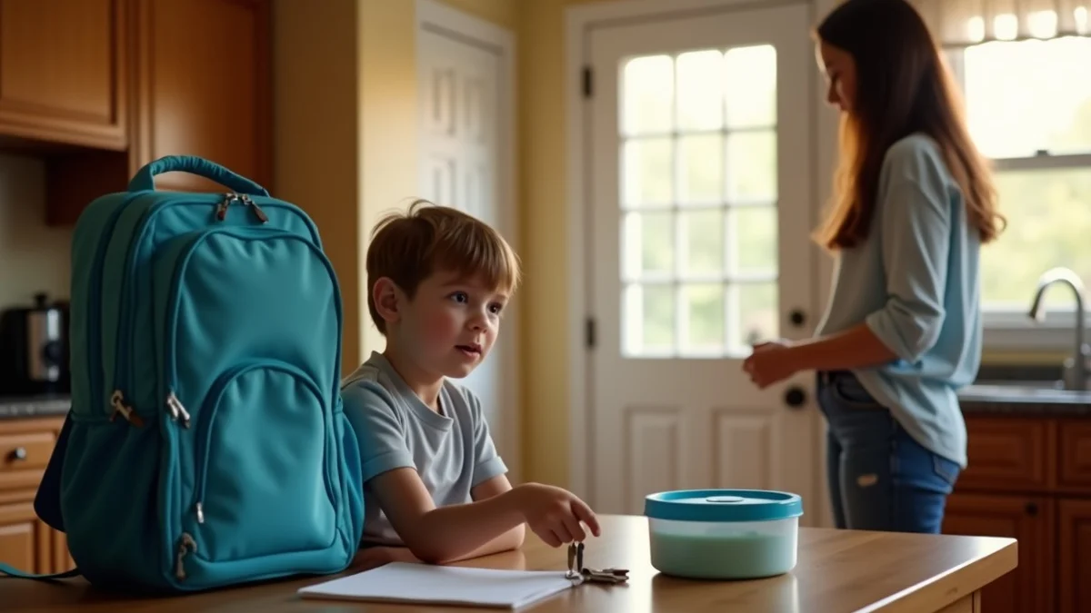 A single parent calmly arranges a child’s backpack, lunch container, and house keys beside a cleared kitchen table before leaving home