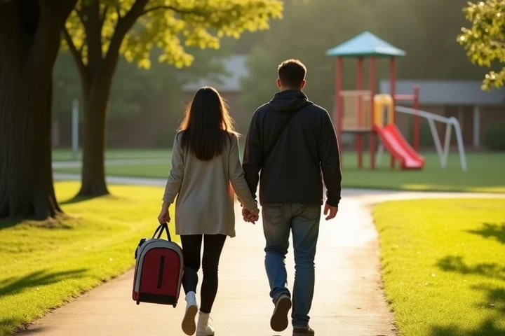 A single parent and another adult walk together through a quiet neighborhood park