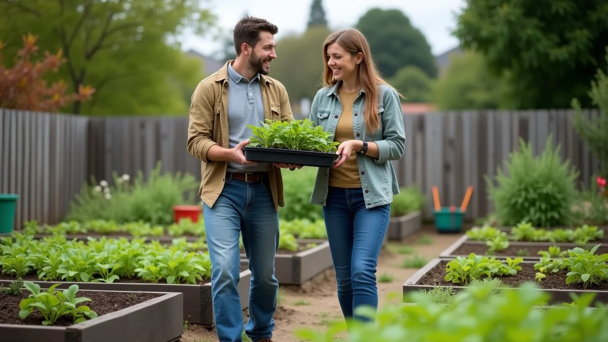 Two adult singles work together at a community garden volunteer shift