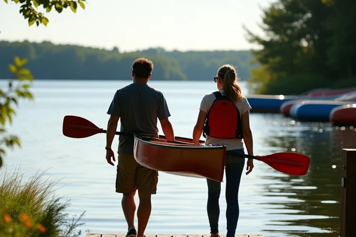Two adult newcomers carry a tandem canoe toward a calm lakeside launch during a beginner skills session