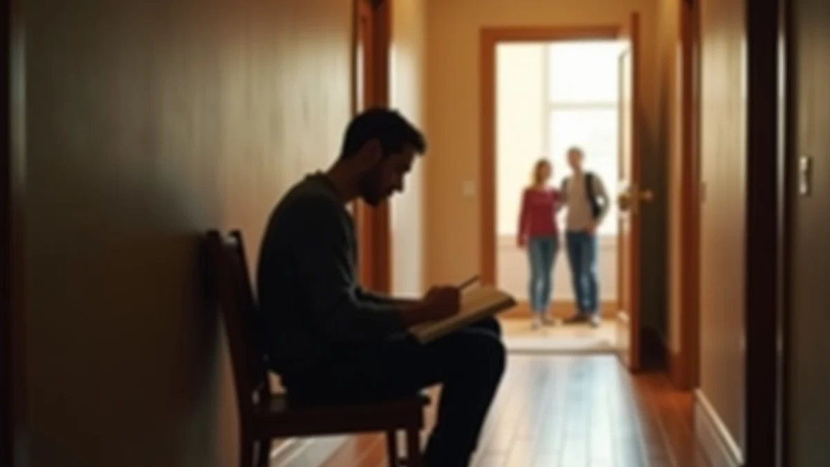 An adult pauses in a softly lit apartment hallway between a peaceful reading chair and an open doorway revealing a small blurred gathering