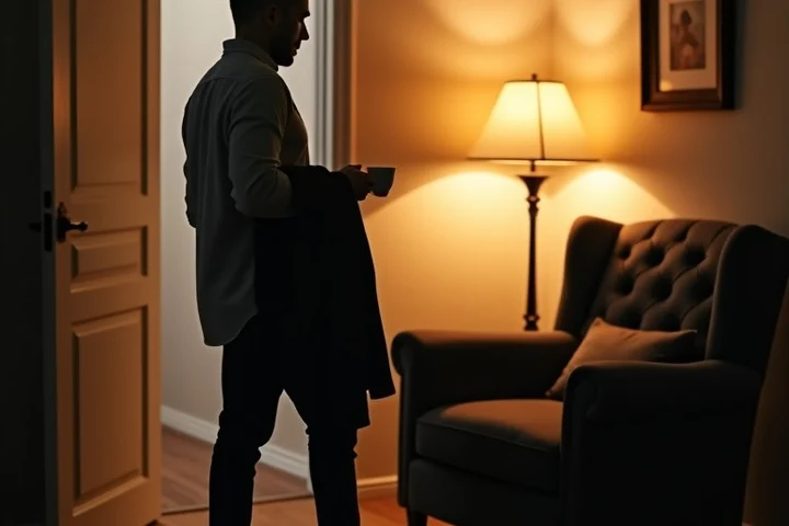 An adult returns home from a small social dinner, sets a coat beside a quiet armchair, and prepares tea while their shoulders visibly relax
