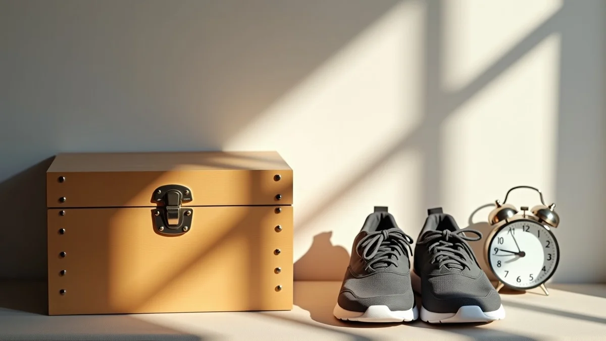 A latched wooden box rests beside an unplugged alarm clock and neatly placed walking shoes on a quiet bedroom bench