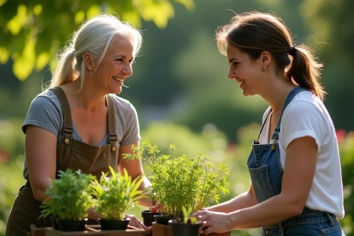 Two adult friends tend small herb pots together at a community-garden table, sharing an easy conversation in a calm offline setting
