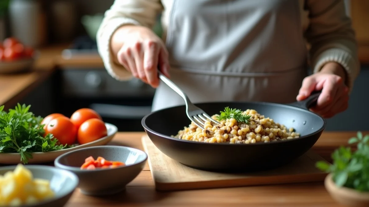 An adult gently stirs mushroom risotto in a home kitchen while bowls of fresh ingredients sit nearby