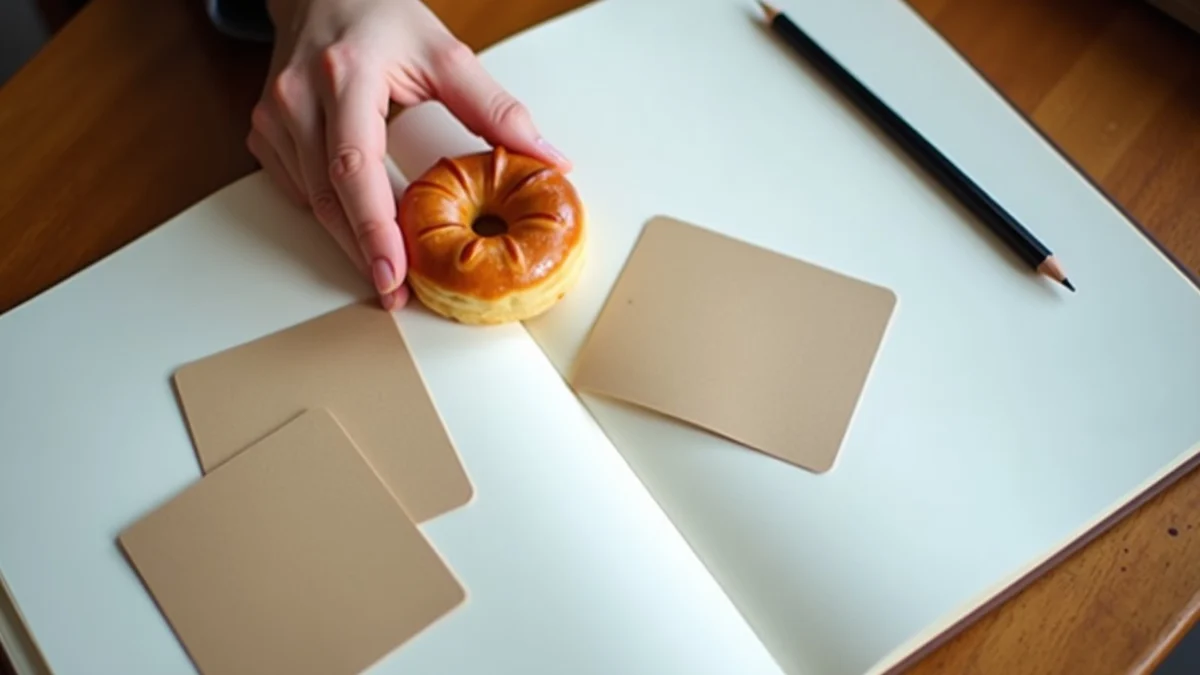 A hand arranges a pastry, two unmarked conversation cards, and a pencil beside an open sketchbook on a first-date planning table