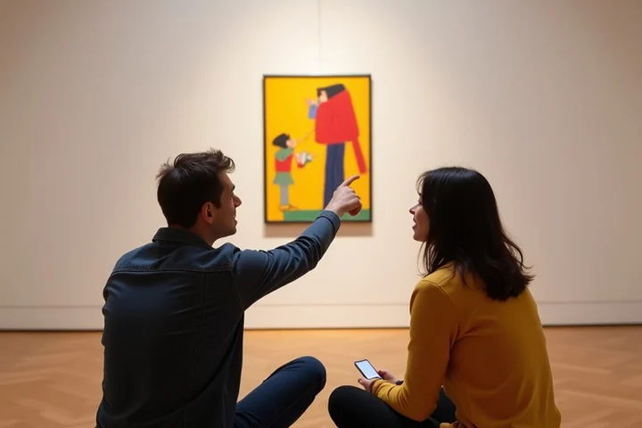 Two adults sit beside a museum exhibit, one pointing toward a colorful abstract sculpture while the other responds with engaged attention
