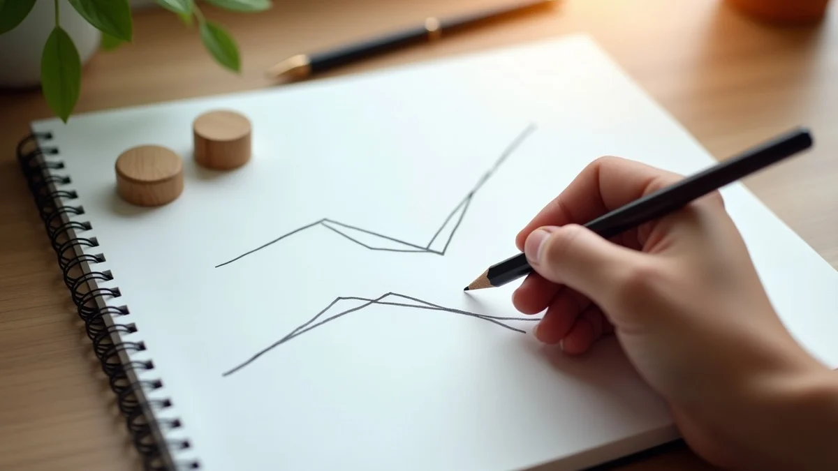 A hand sketches two simple converging lines on a blank notebook beside a pencil and two small wooden tokens on a quiet home desk