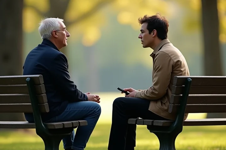 An attentive pair of adults speak openly while seated on a quiet park bench, bodies turned toward each other with comfortable personal space